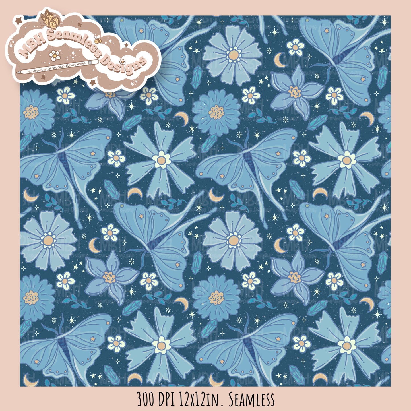 Starry Night Floral Luna Moths Seamless Pattern // PNG//  MULTIPLE COLORWAYS