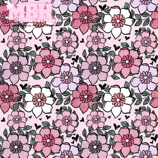 Valentines Day Floral & Stripes Seamless Pattern