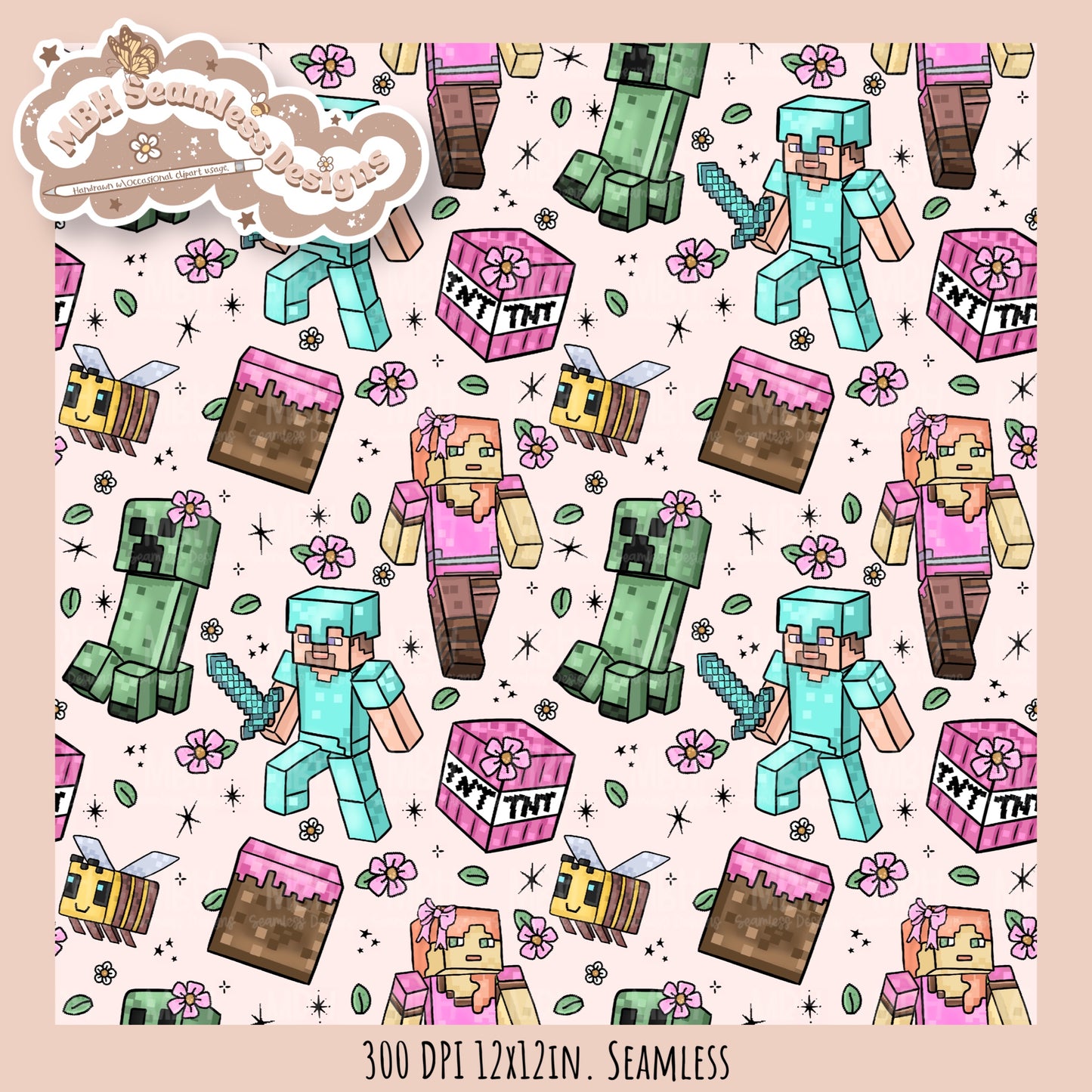 Girly Minecraft Seamless Pattern MULTIPLE COLORWAYS