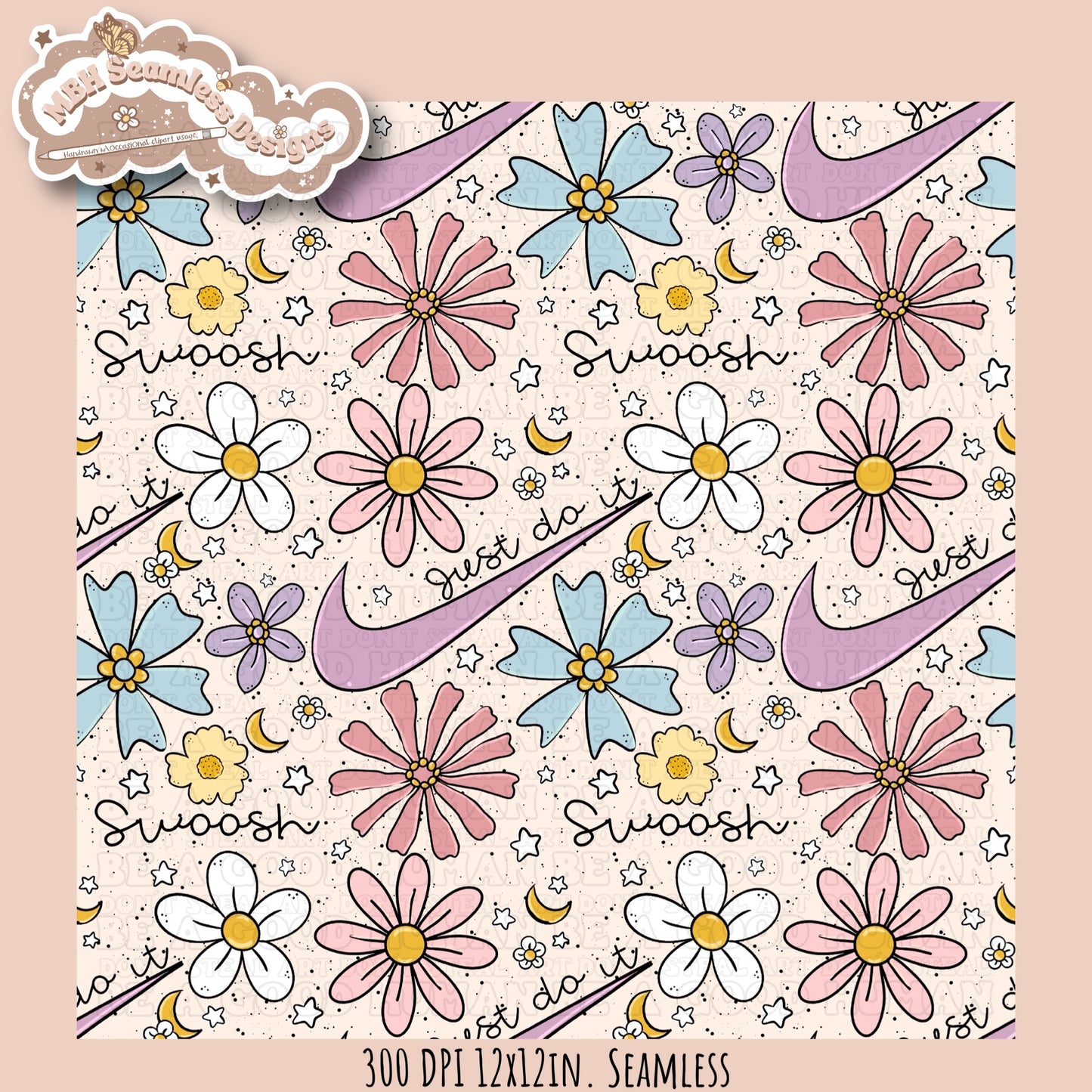 Floral Swoosh Seamless Pattern & PNG MULTIPLE COLORWAYS