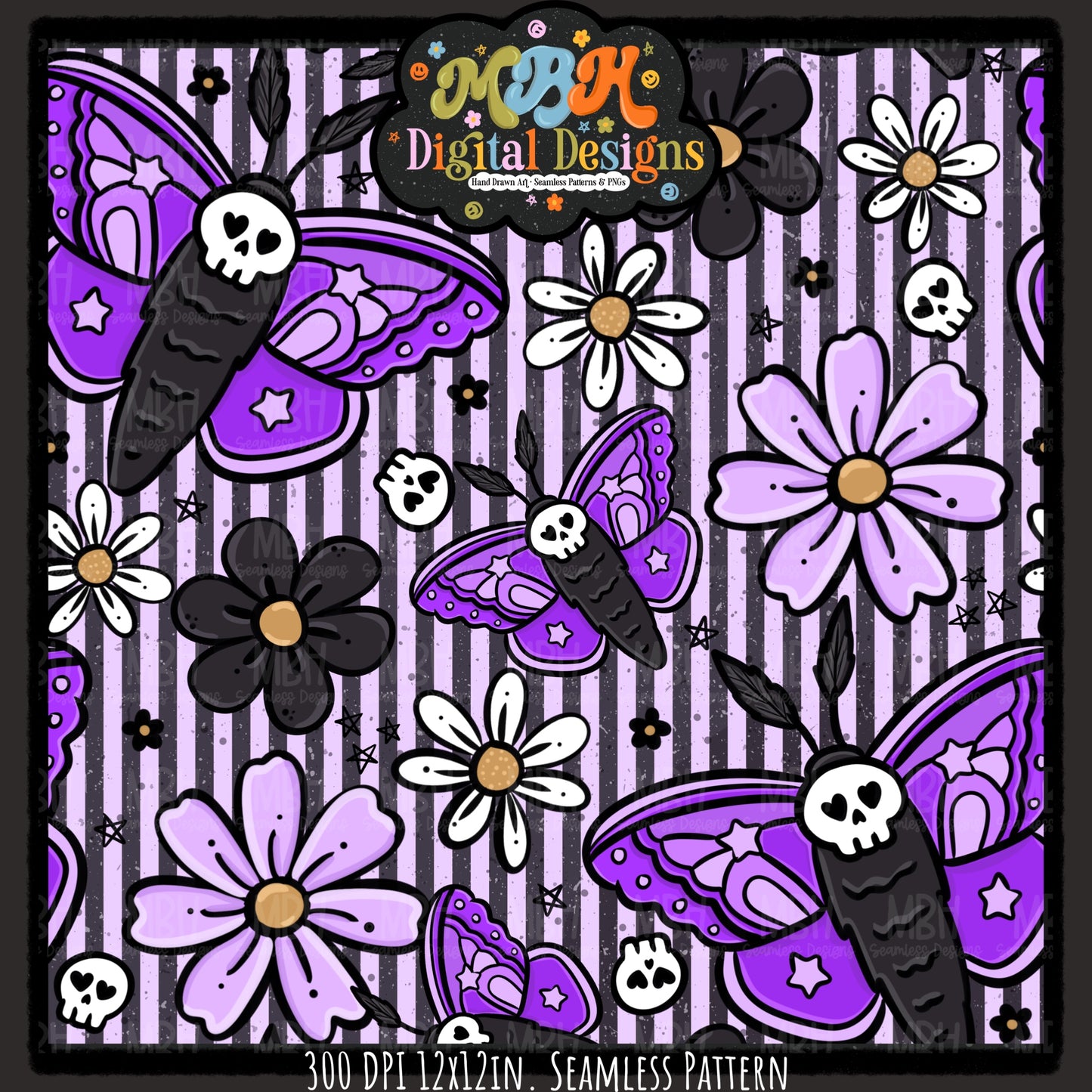 Purple Floral Death Moths Seamless Pattern // PNG // MULTIPLE COLORWAYS