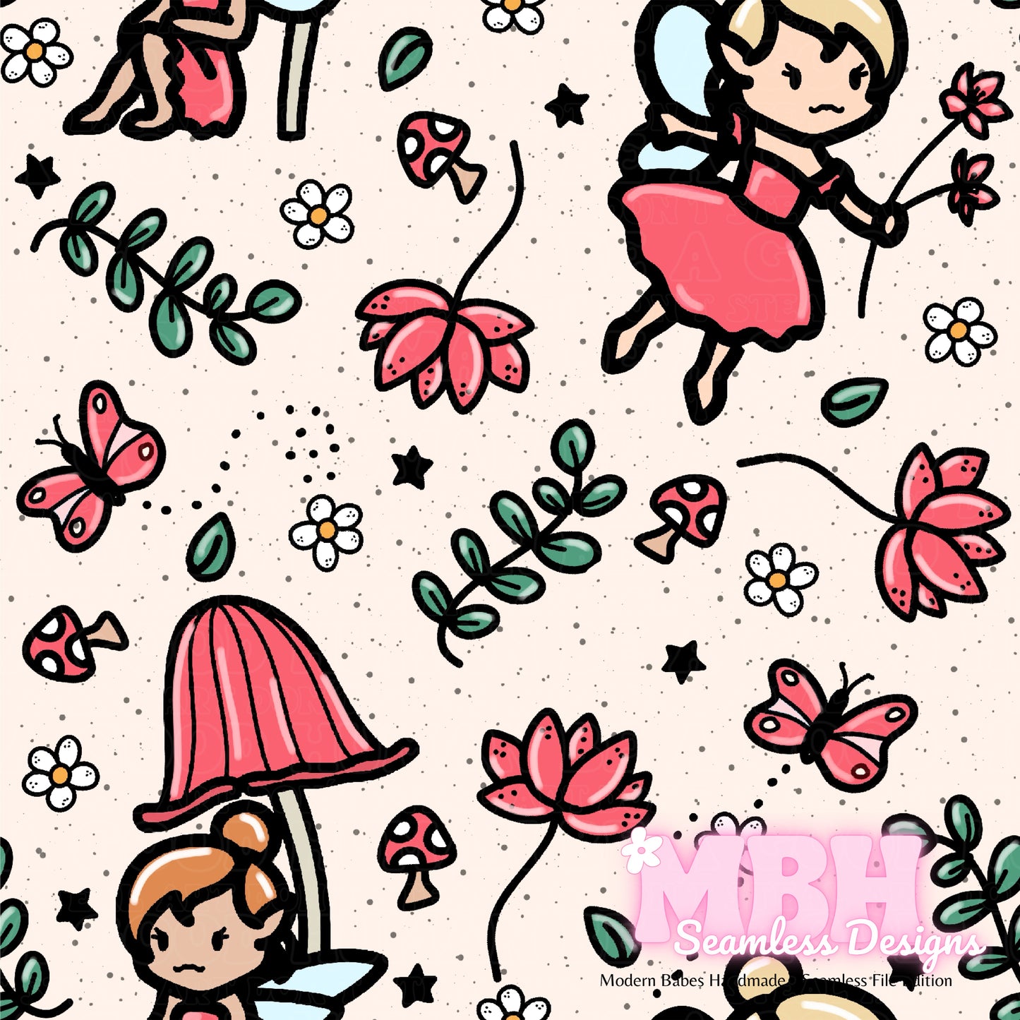 Red Fairies Seamless Pattern ASSORTED COLORS