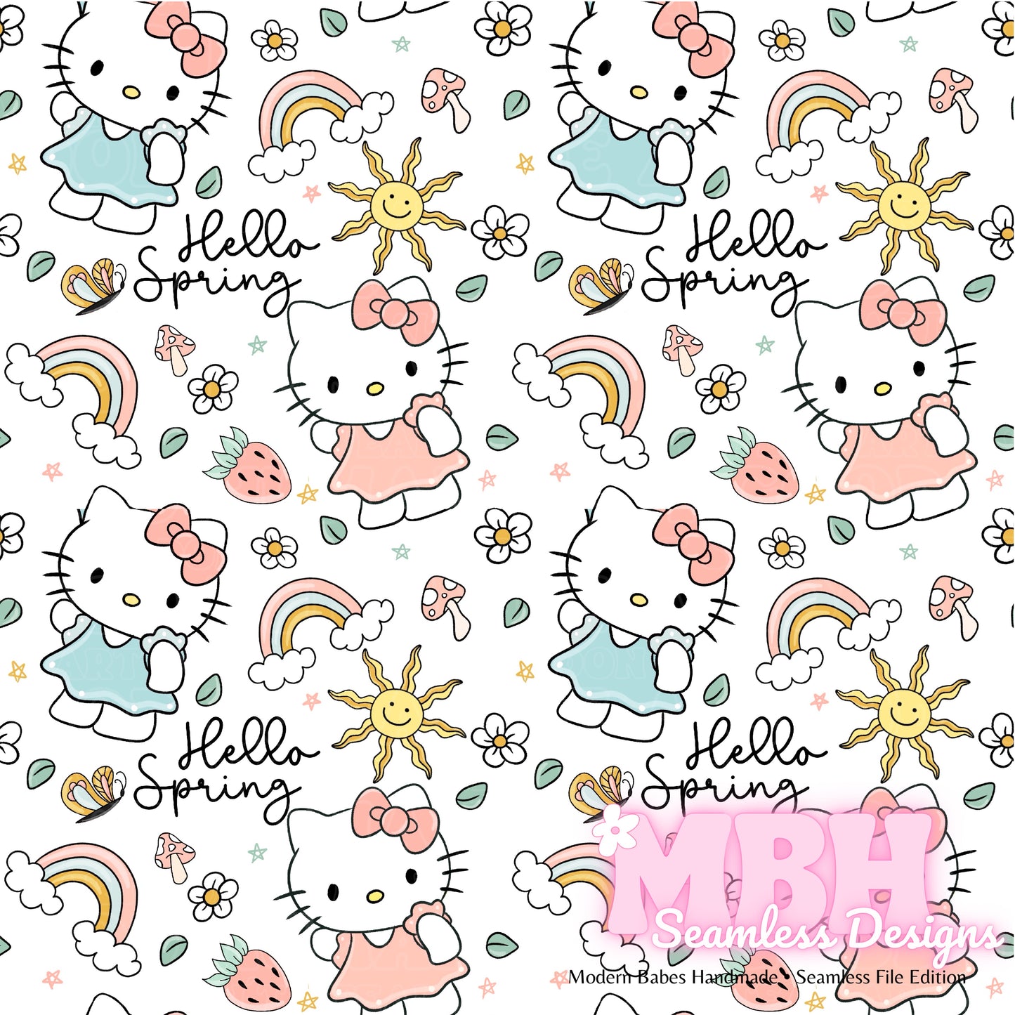 Hello Spring Kitty Seamless Pattern MULTIPLE COLORWAYS