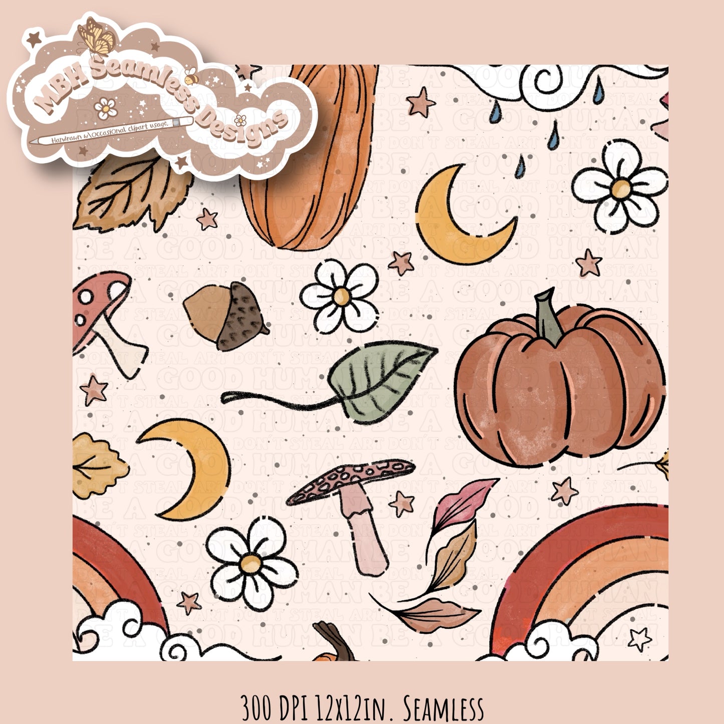 Boho Pumpkins Rainbow Shrooms Seamless Pattern MULTIPLE COLORWAYS