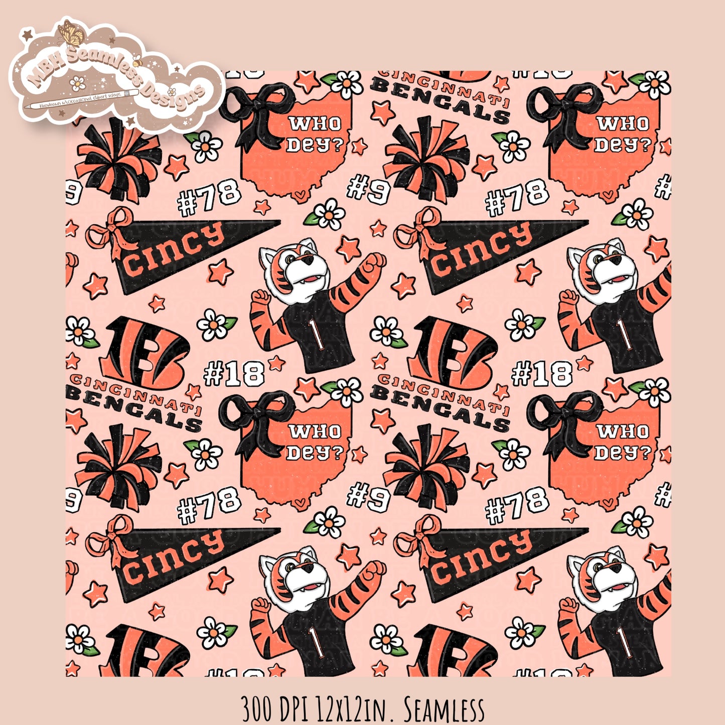 Bengals x Daisies Football Seamless Pattern // Assorted Colorways