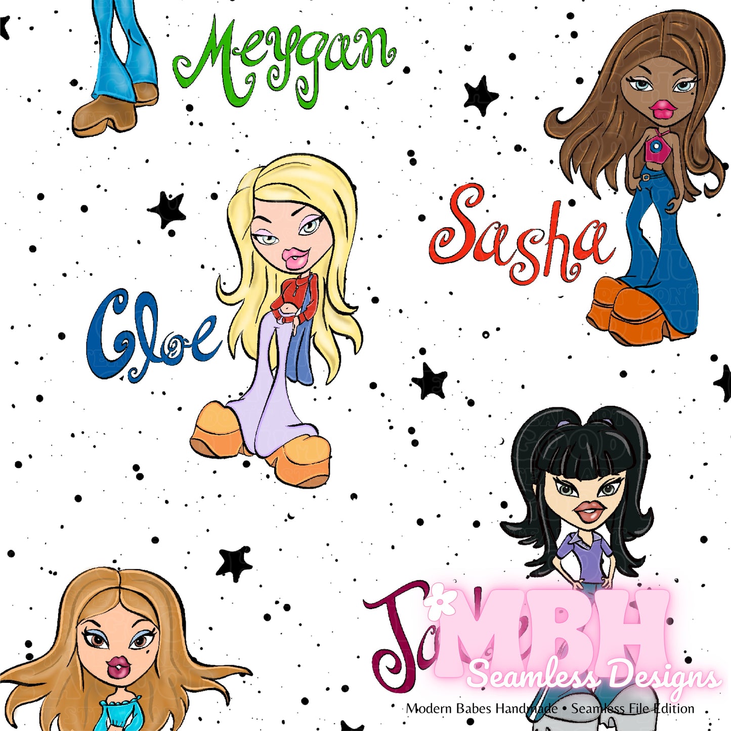 Brats Doll Names Seamless Pattern MULTIPLE COLORWAYSBratz