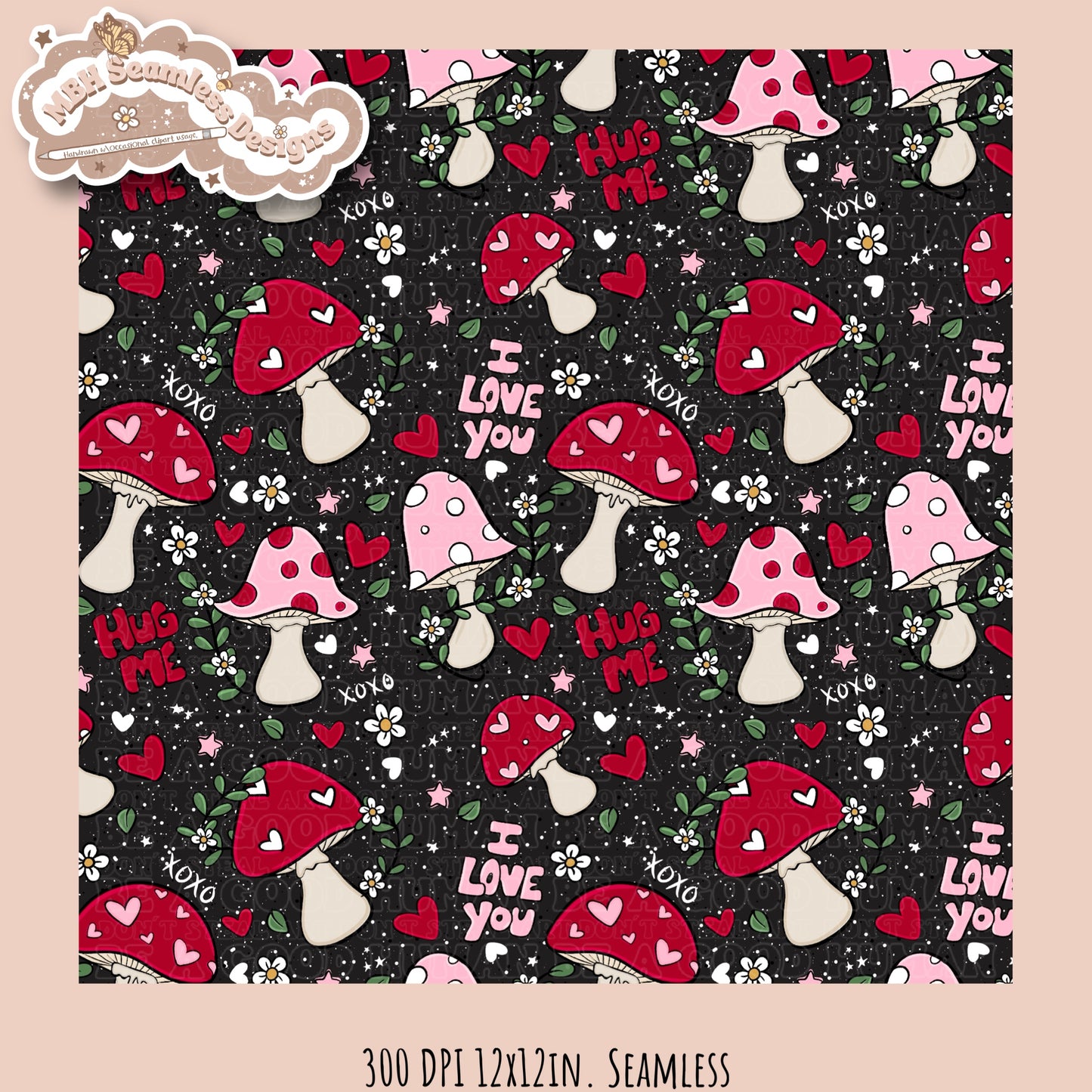 Mushroom Hearts Seamless Pattern Multiple Colorways