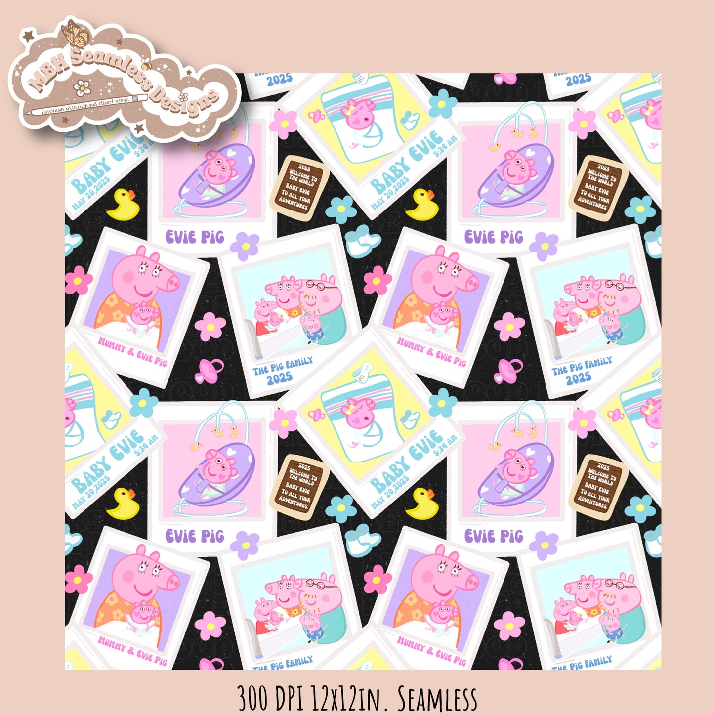 Evie Pig Polaroids Seamless Pattern • Multiple Colorway Options