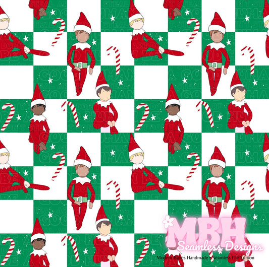 Checkered Elf on the Shelf Seamless Pattern