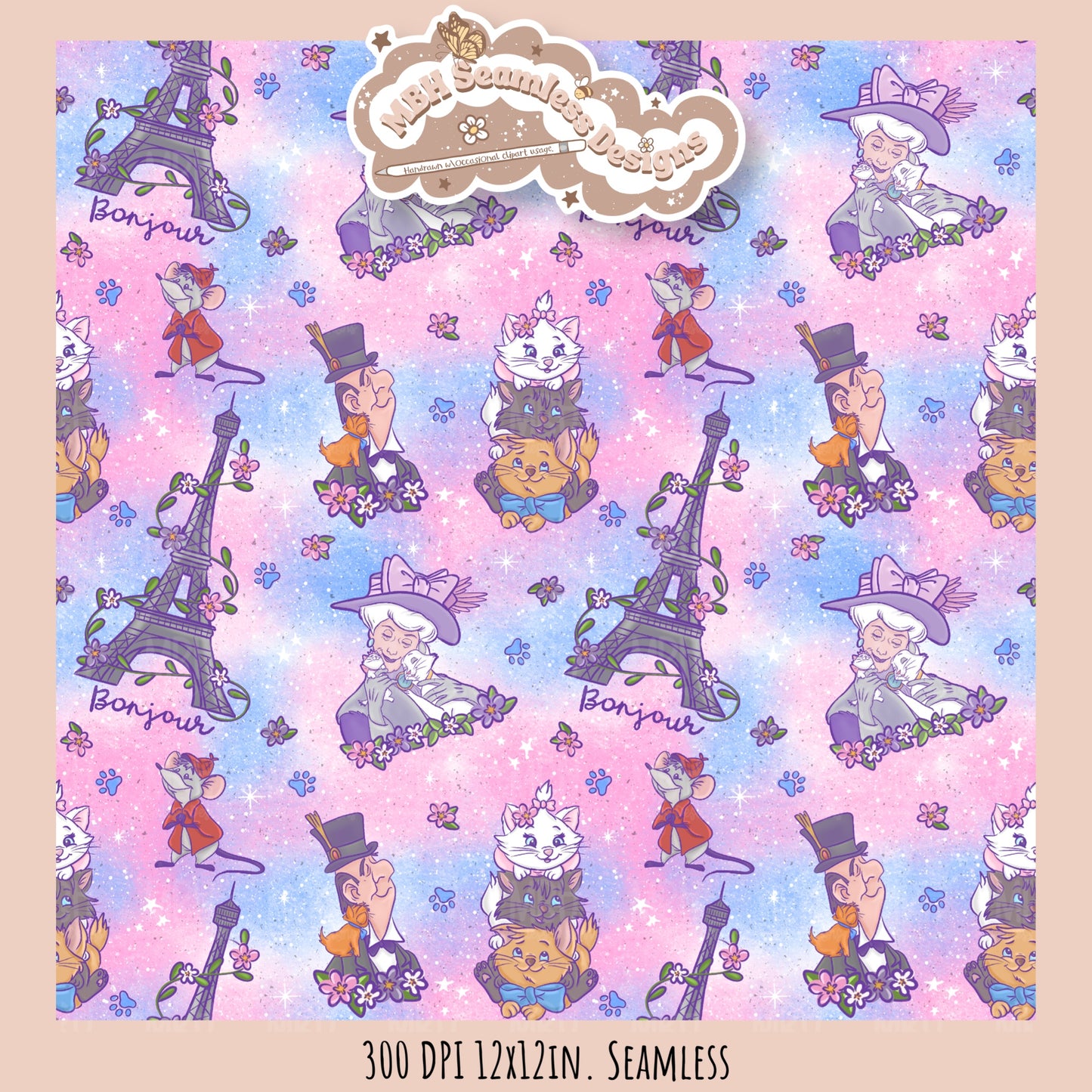 Floral Aristocats Seamless Pattern // PNG // Multiple Colorway Options