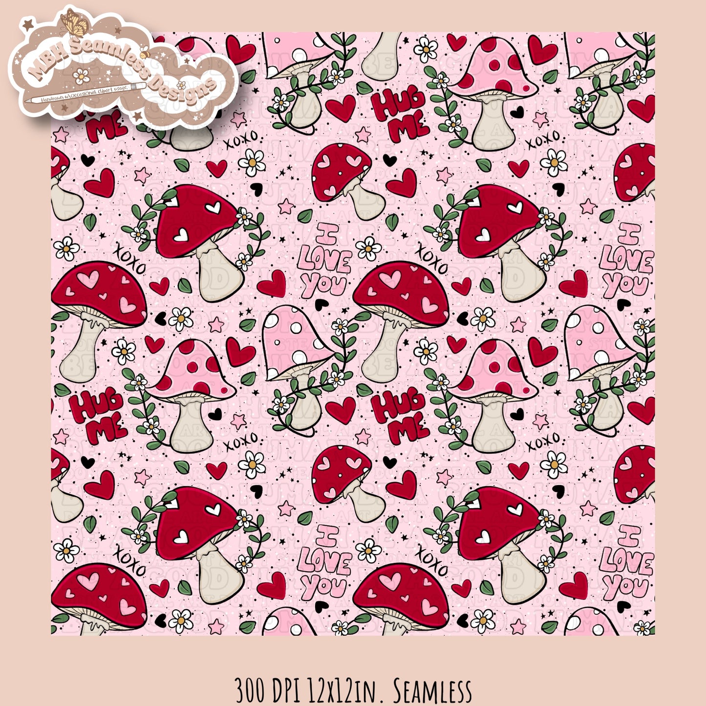 Mushroom Hearts Seamless Pattern Multiple Colorways