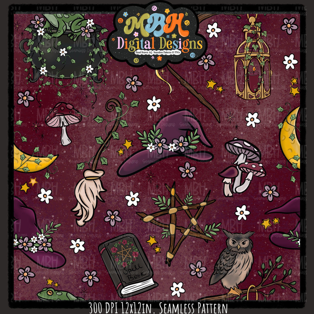 Forest Witch Seamless Pattern// PNG// MULTIPLE COLORWAYS