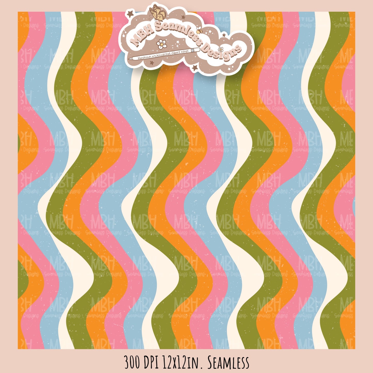 Retro Peace Love Happiness Waves Coordinate Seamless Pattern