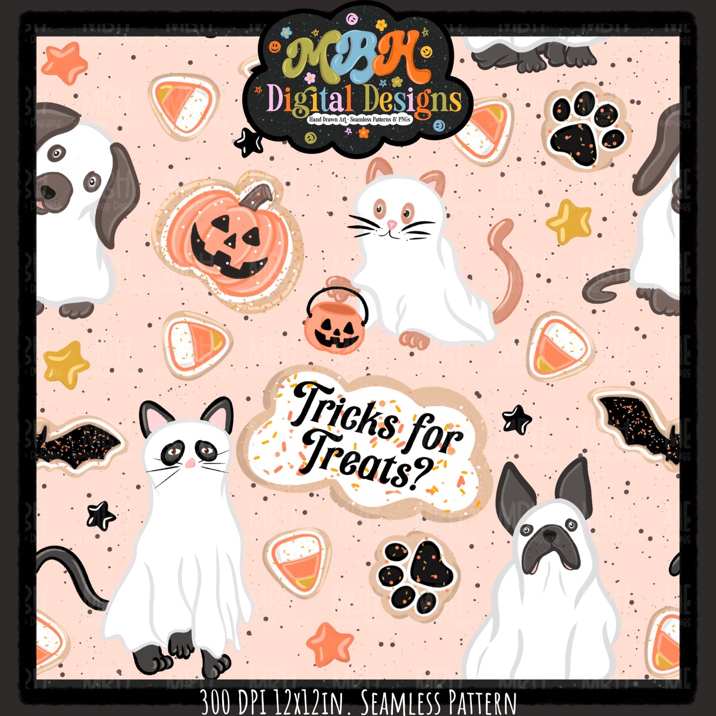 Ghost Cats & Dogs Seamless Pattern // PNG // MULTIPLE COLORWAYS