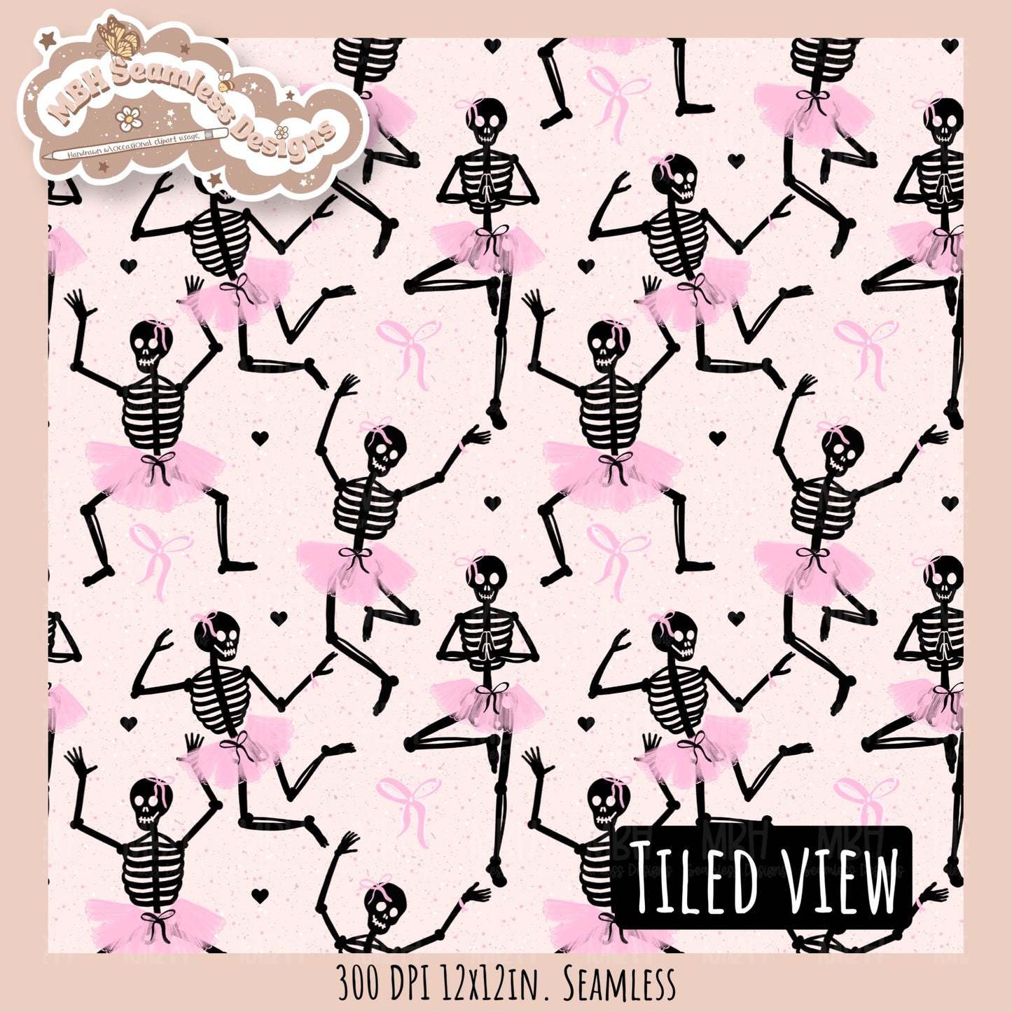 Ballerina Skeletons Seamless Pattern•PNG•Multiple Colorways