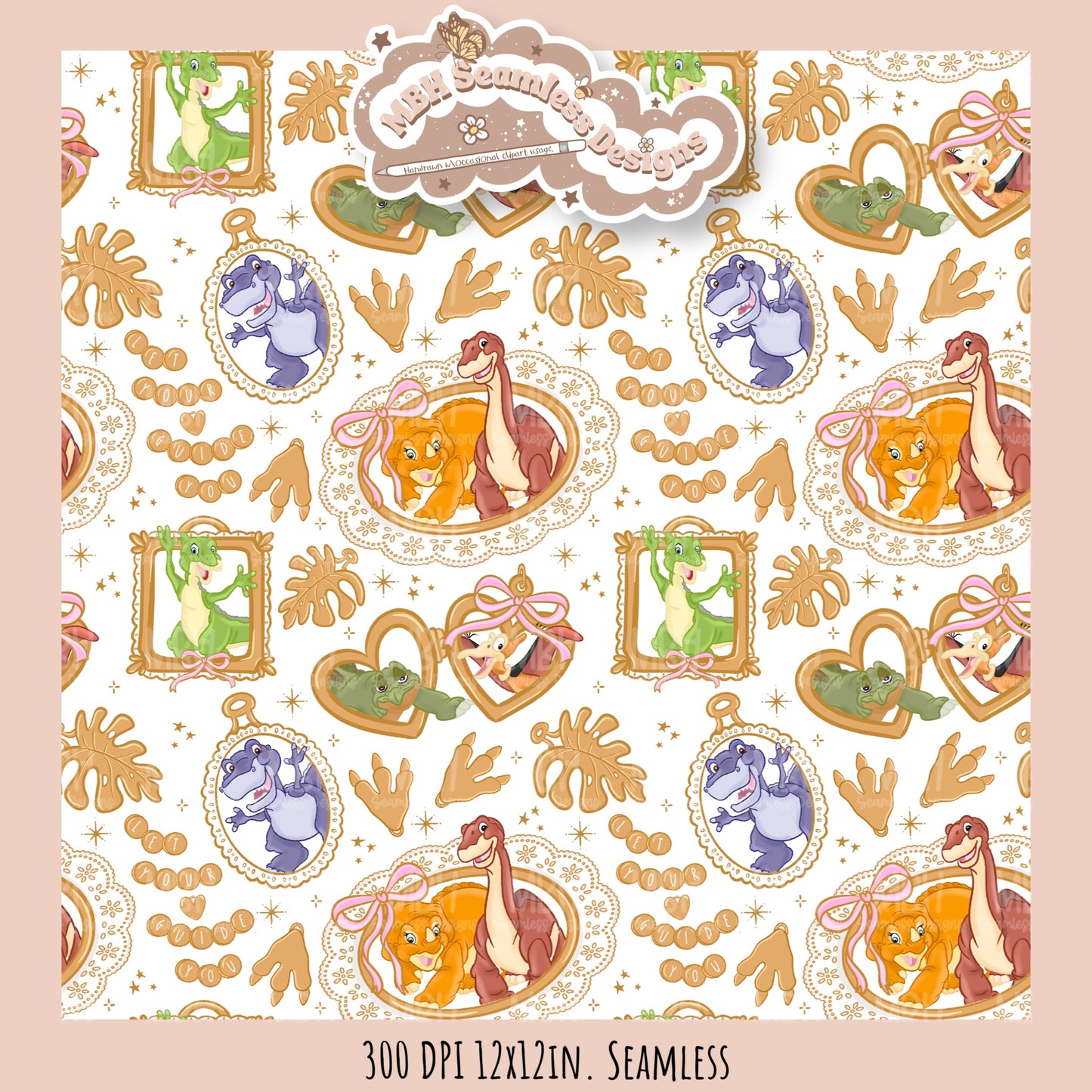 LBT Dinosaur Gold Charms Seamless Pattern // PNG // Multiple Colorway Options