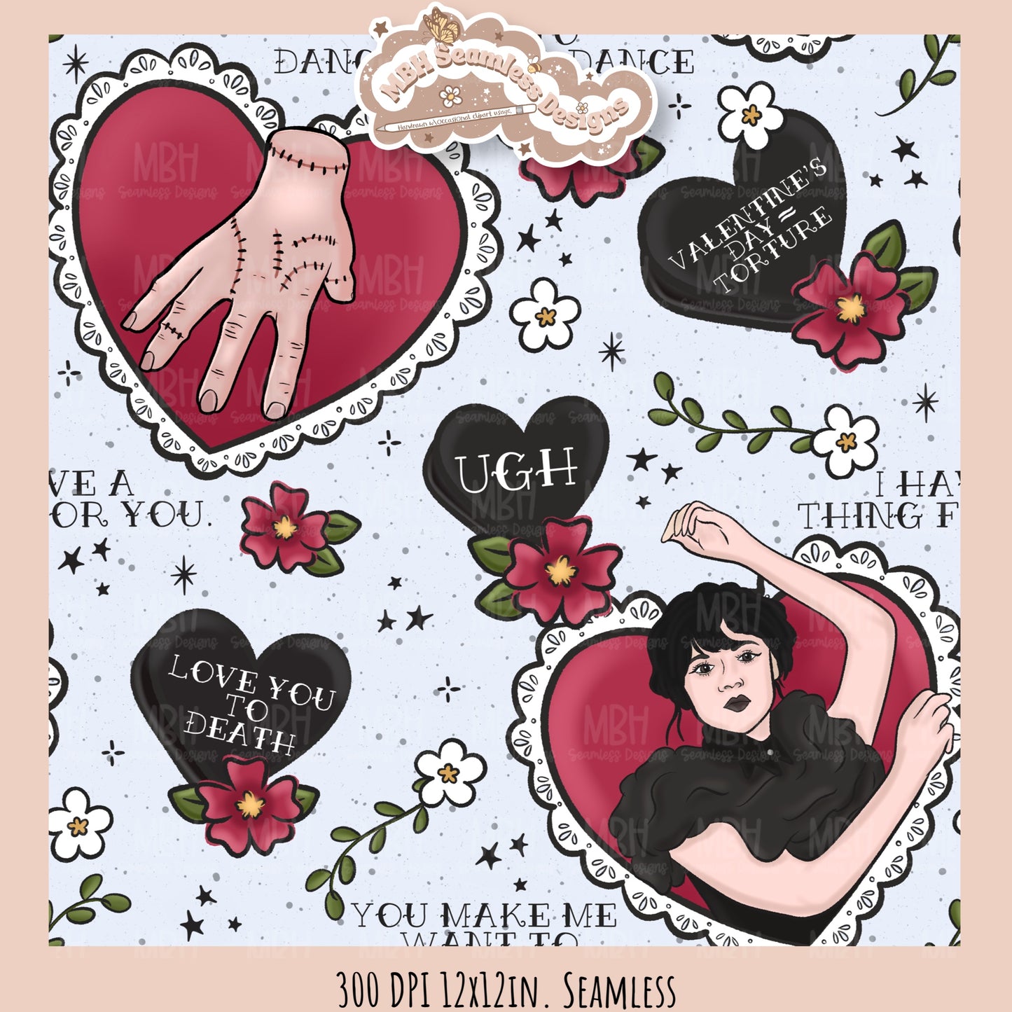 Wednesday Red Tattoo Hearts  Seamless Pattern // PNG // Assorted Colorways