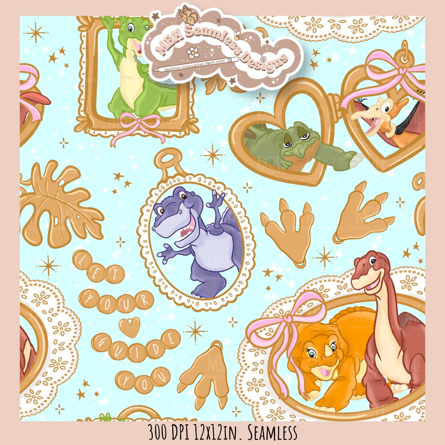 LBT Dinosaur Gold Charms Seamless Pattern // PNG // Multiple Colorway Options