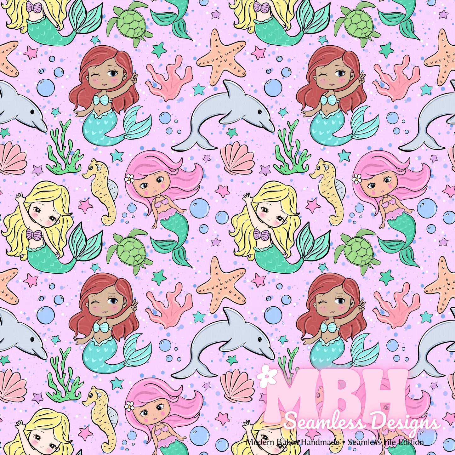 Chibi Mermaids Seamless Pattern MULTIPLE COLORWAYS