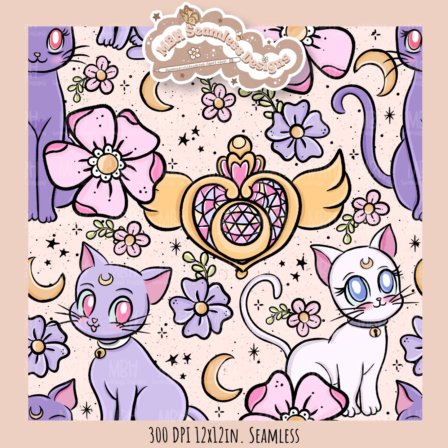Sailor Moon Cats Seamless Pattern // PNG // MULTIPLE COLORWAY OPTIONS