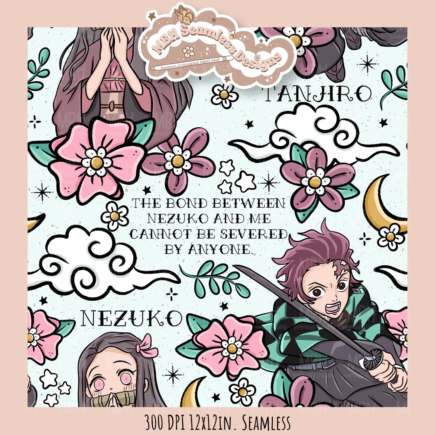 Tanjiro Nezuko Quote Floral Seamless Pattern // PNG // MULTIPLE COLORWAY OPTIONS