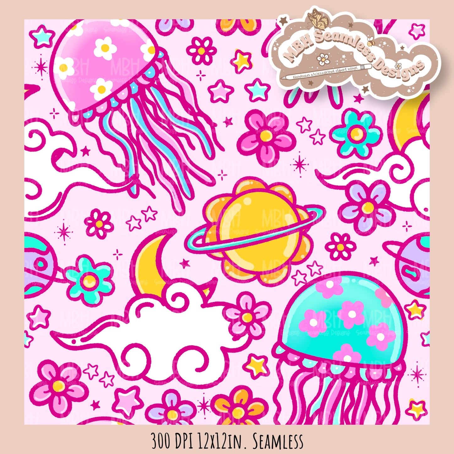 Space Jellyfish Seamless Pattern • Multiple Colorways •  Coordinates • PNG