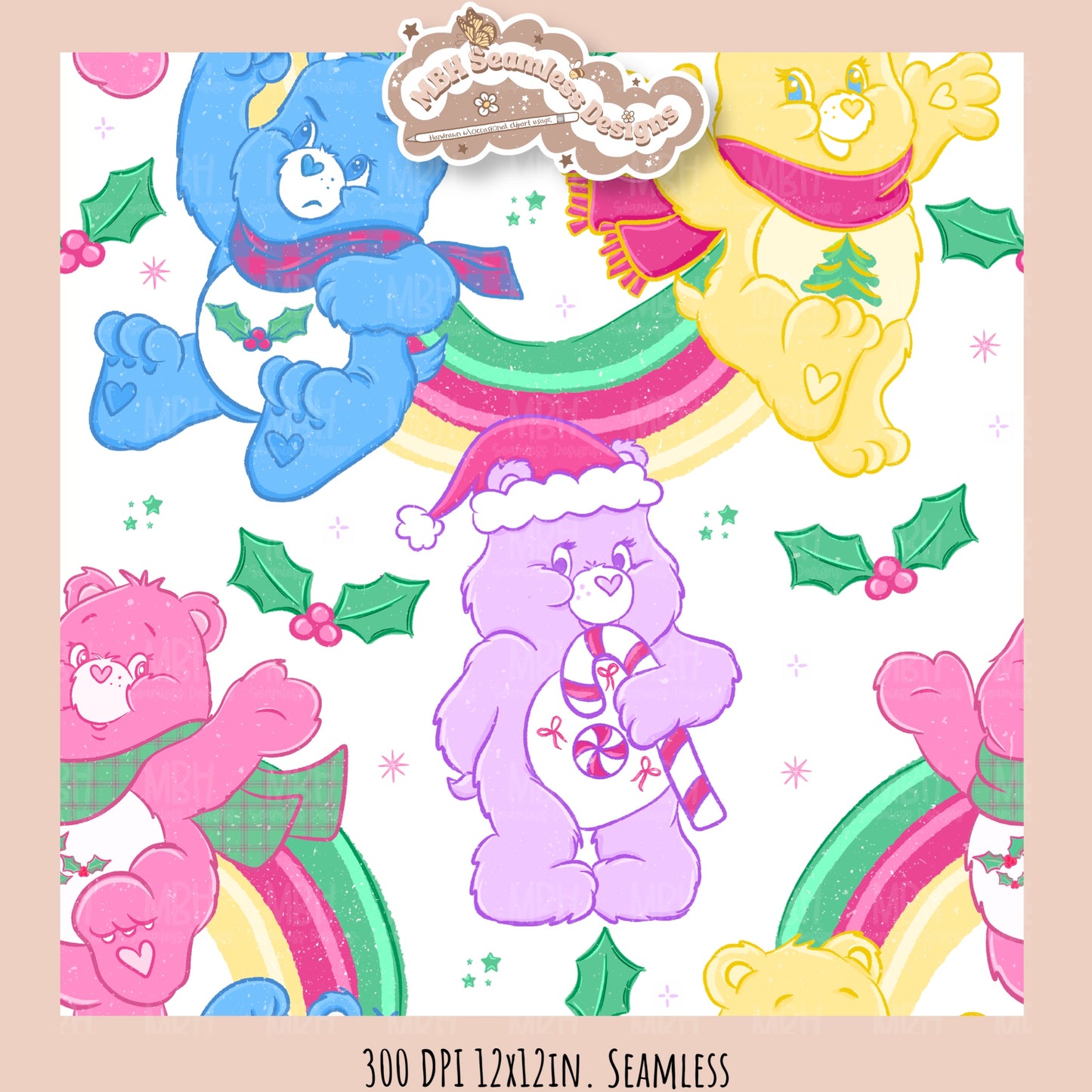 Holiday Care Bears Seamless Pattern // Assorted Colorway Options