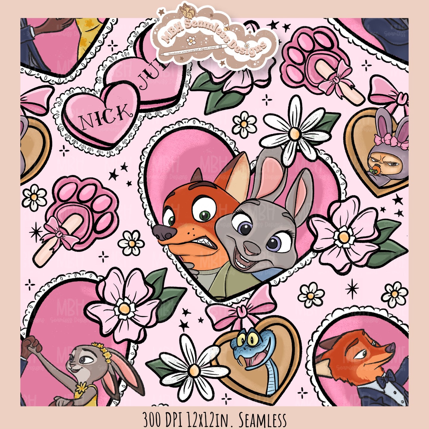 Nick & Judy Romance Seamless Pattern // PNG // Assorted Colorways