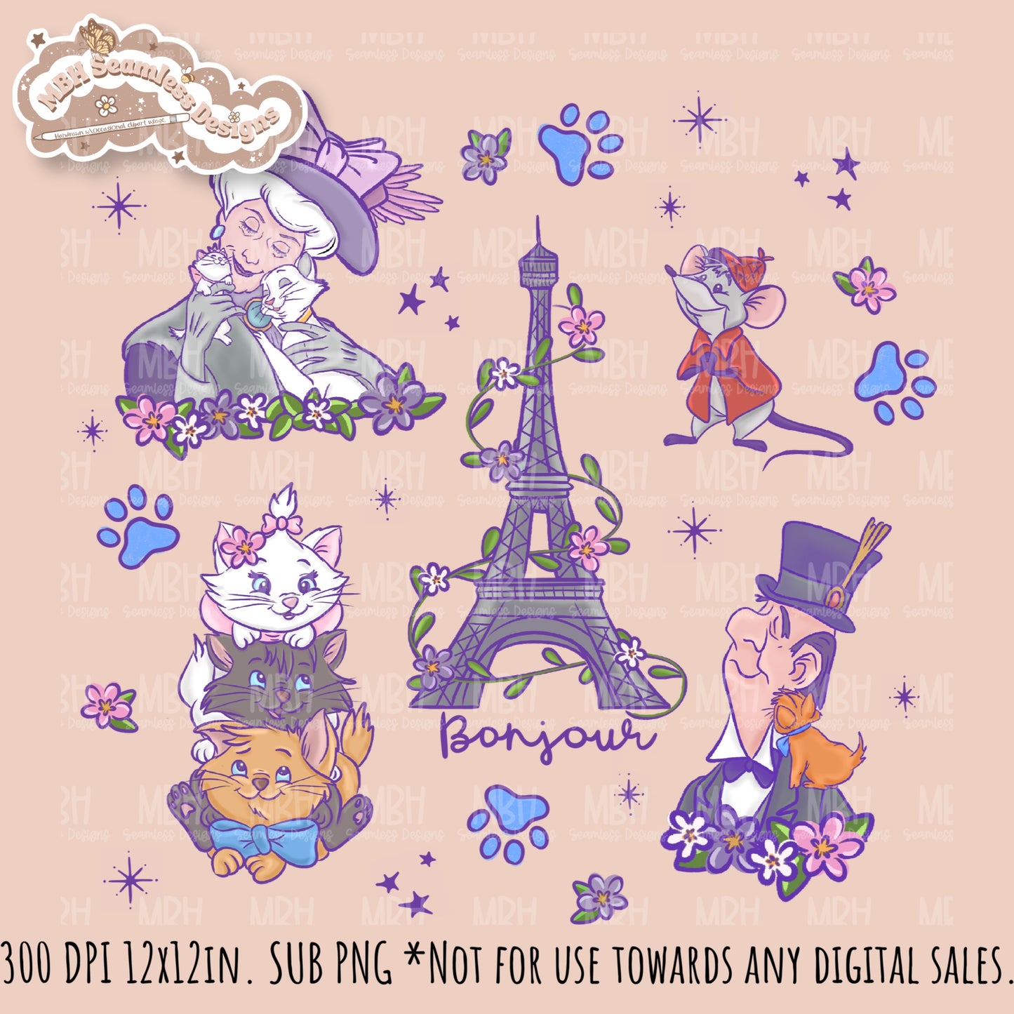 Floral Aristocats Seamless Pattern // PNG // Multiple Colorway Options