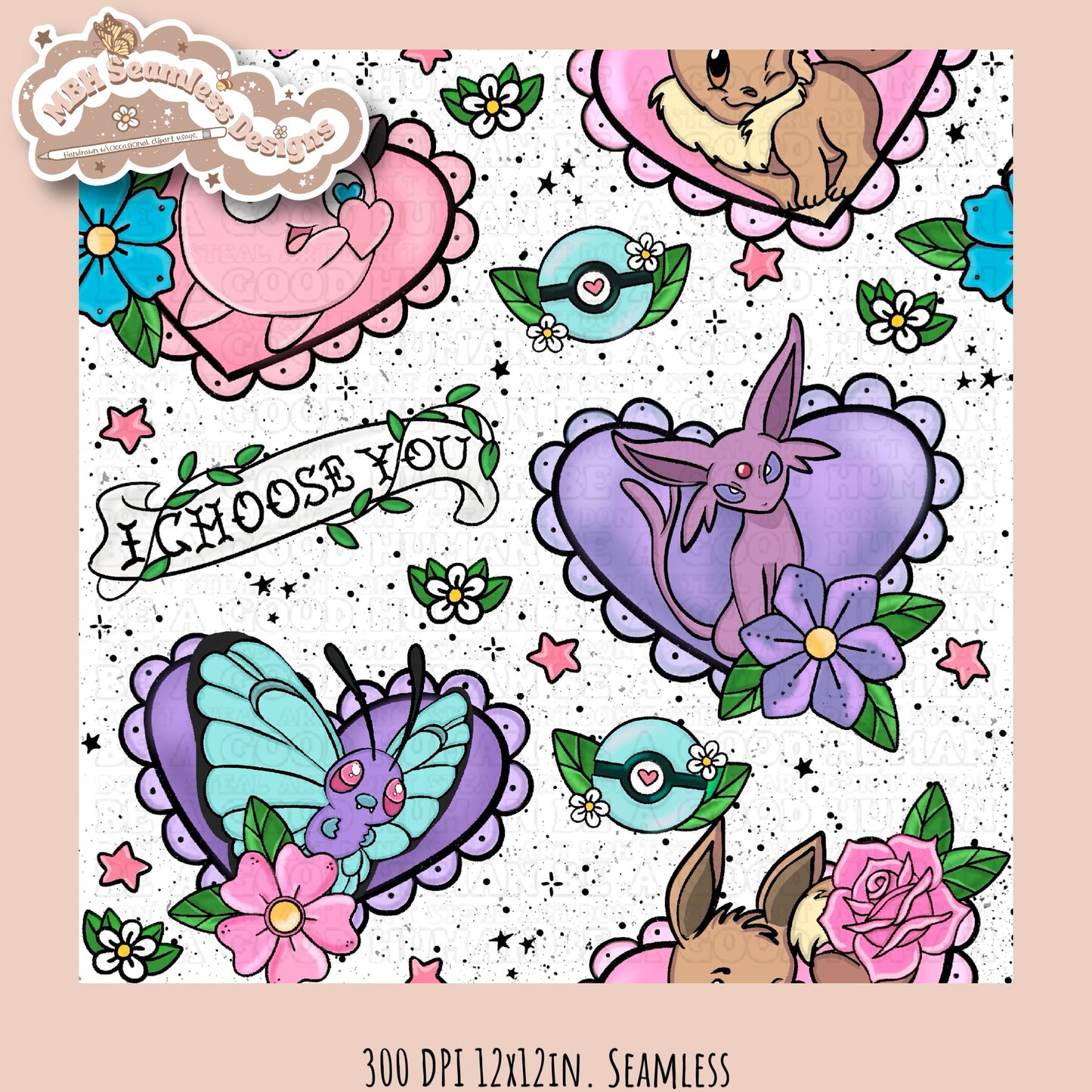 Pokémon Tattoo Hearts Seamless Pattern Multiple Colorways