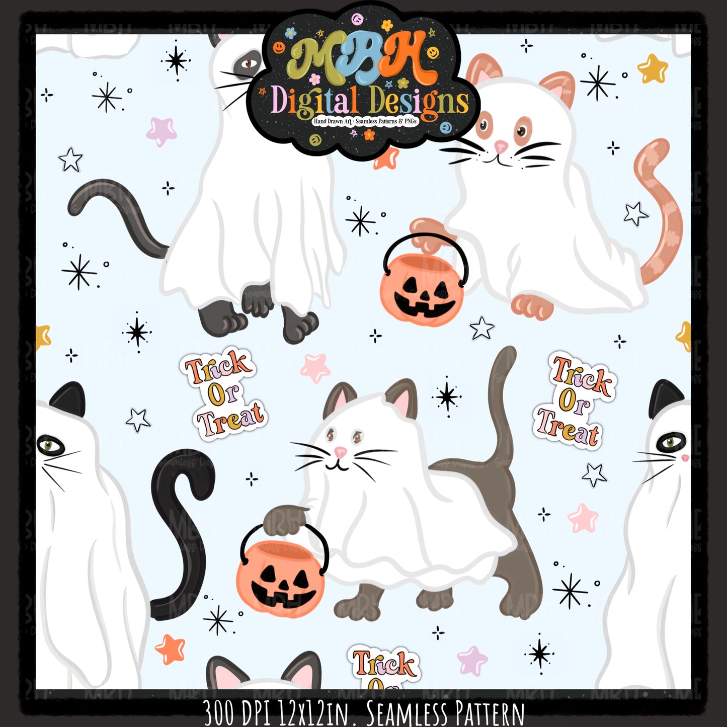 Starry Cat Ghosts Seamless Pattern // MULTIPLE COLORWAYS