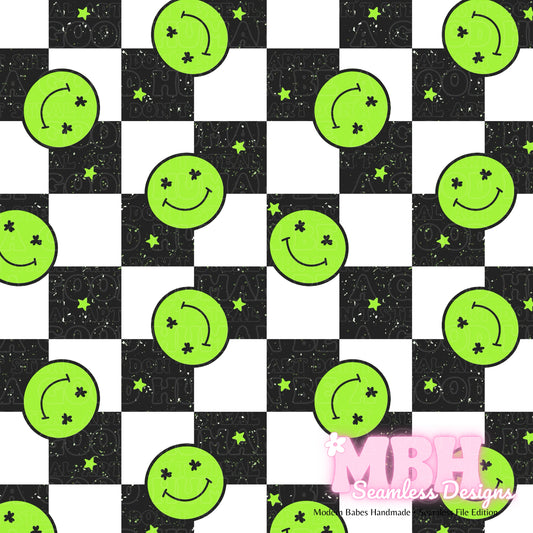 Checkered Shamrock Smilies Assorted Colorways Seamless Pattern