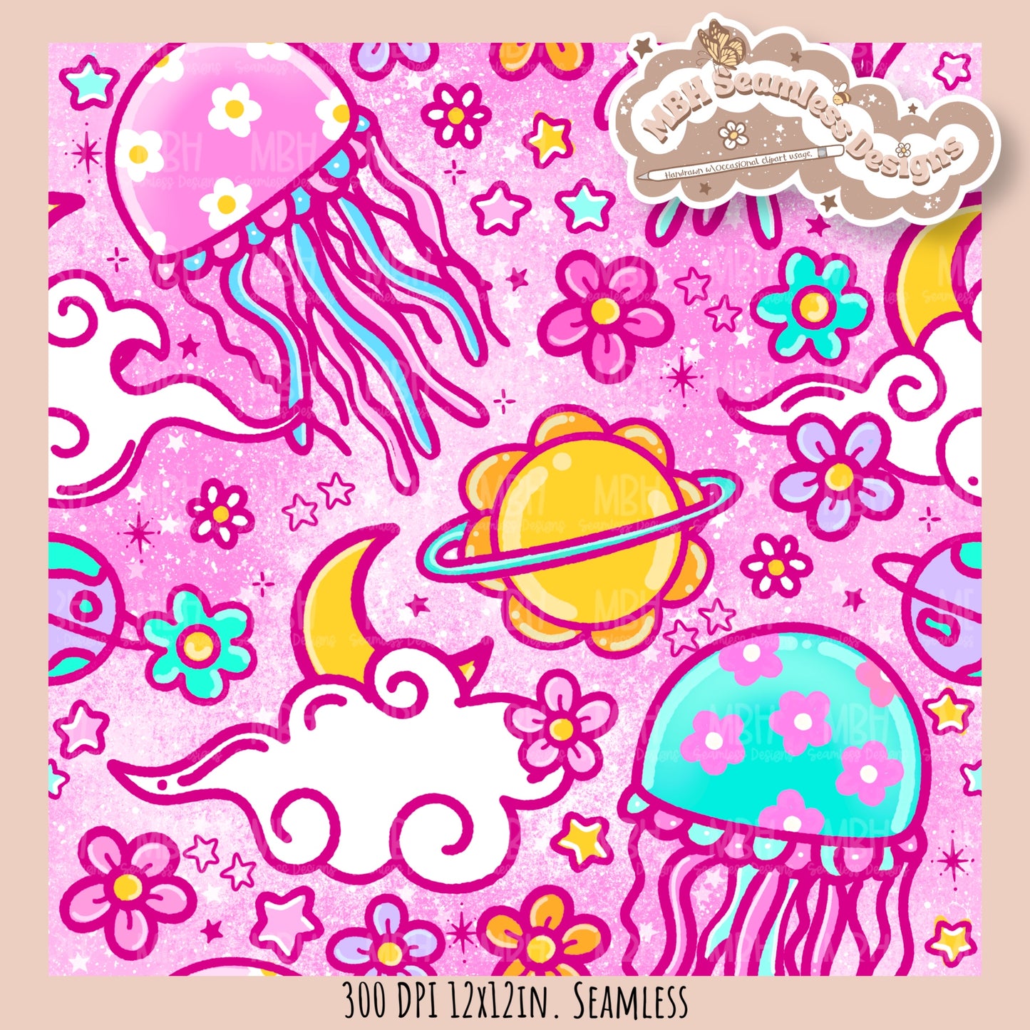 Space Jellyfish Seamless Pattern • Multiple Colorways •  Coordinates • PNG