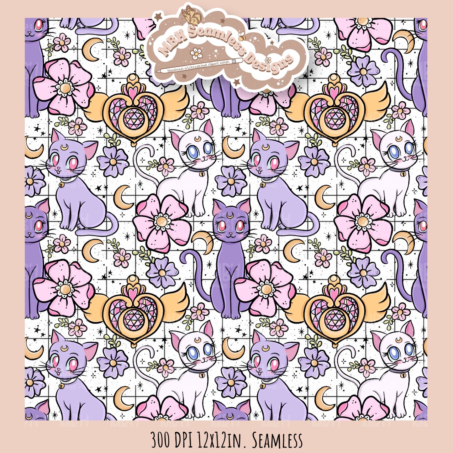 Sailor Moon Cats Seamless Pattern // PNG // MULTIPLE COLORWAY OPTIONS