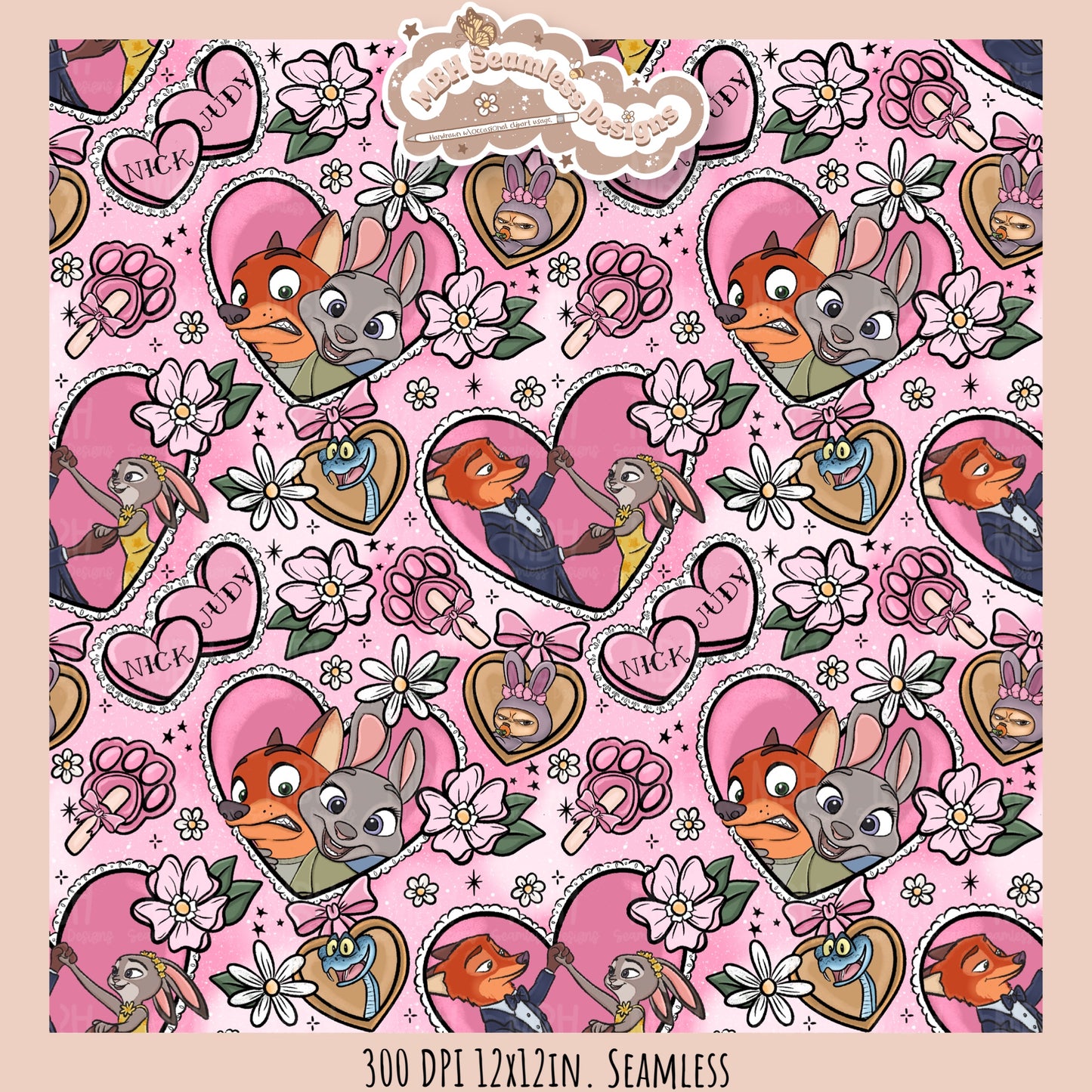 Nick & Judy Romance Seamless Pattern // PNG // Assorted Colorways