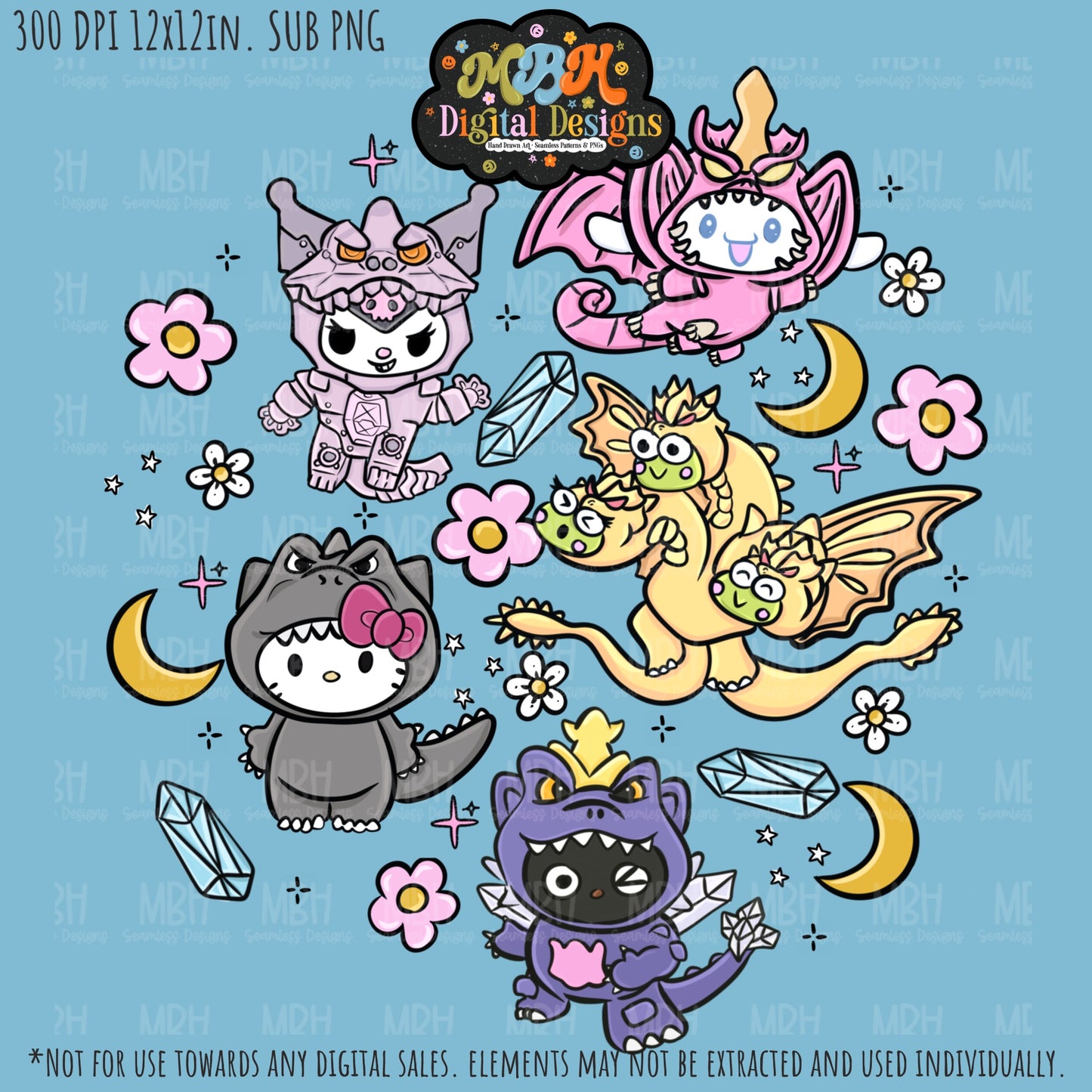Kitty X Godzilla Seamless Pattern MULTIPLE COLORWAYS // PNG