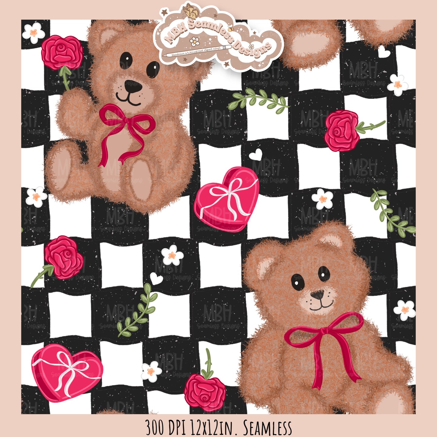 Teddy Bears & Roses Seamless Pattern // PNG // Assorted Colorways