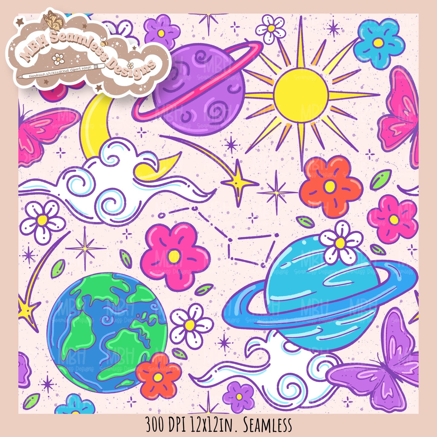 Bright Galaxy Floral Seamless Pattern Multiple Colorways