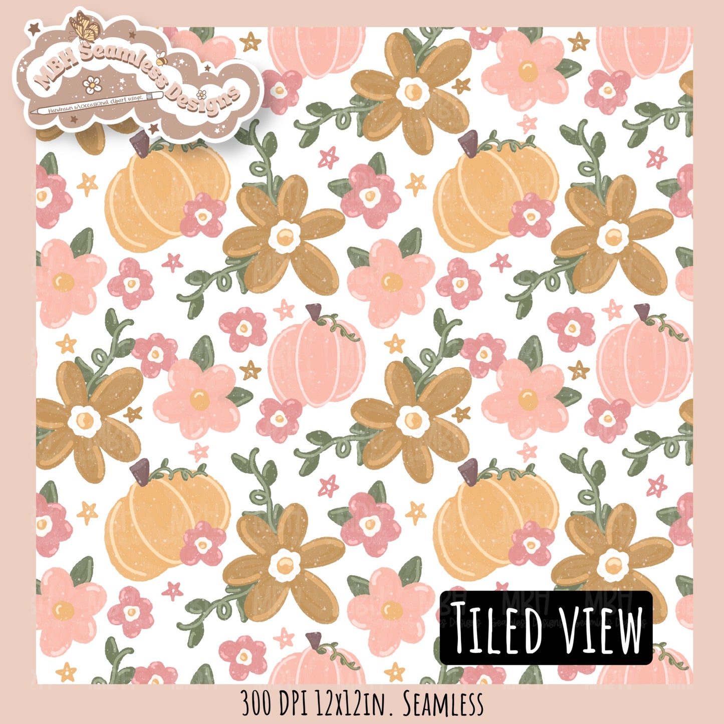 Dusty Fall Floral Pumpkins Seamless Pattern•Multiple Colorways