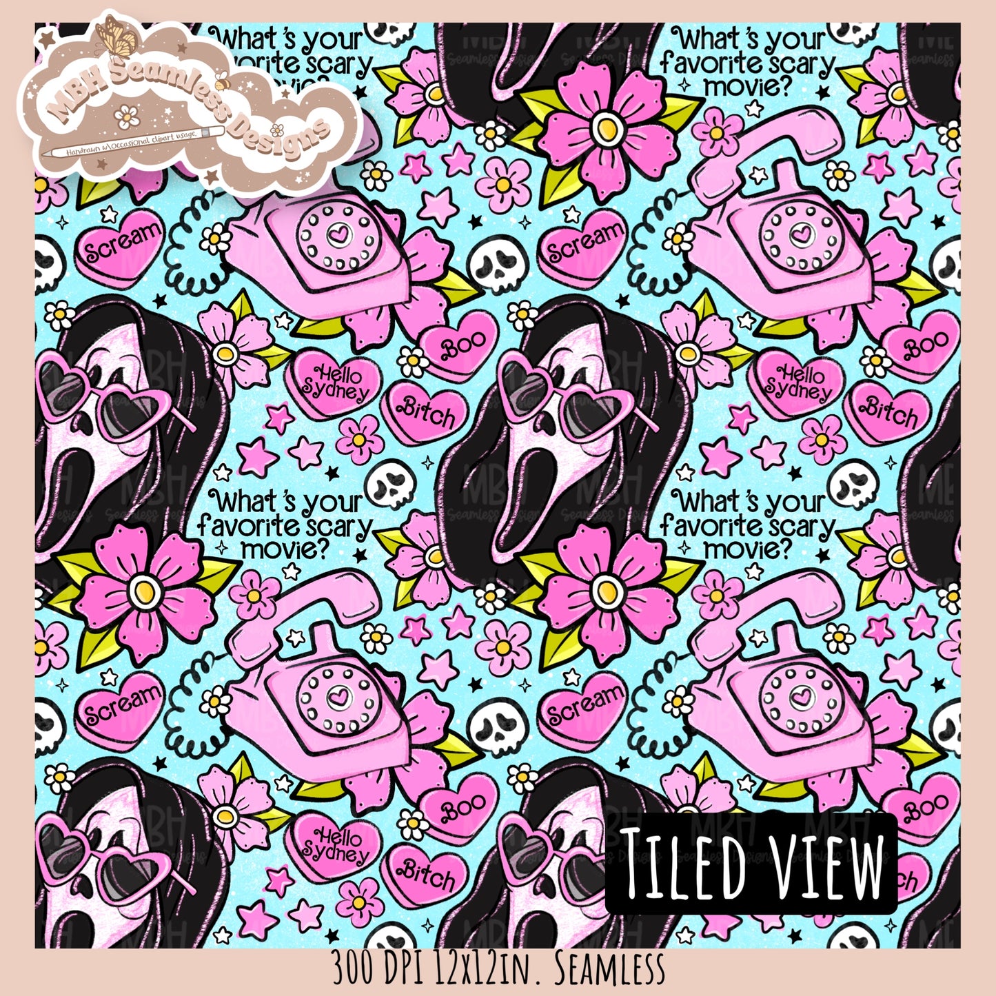 Glitter Tattoo Floral x Ghostface Seamless Pattern // PNG //Multiple Colorway Options