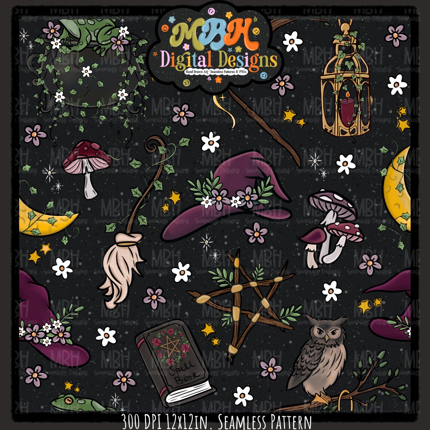 Forest Witch Seamless Pattern// PNG// MULTIPLE COLORWAYS