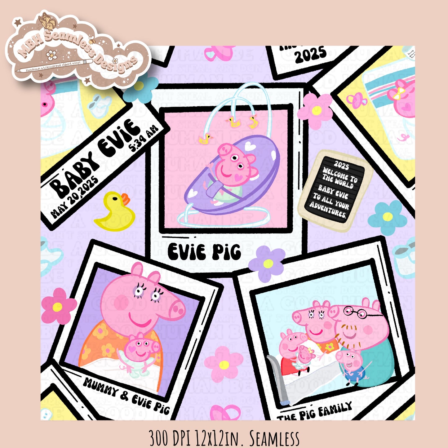 Black Outline Evie Pig Polaroids Seamless Pattern • Multiple Colorway Options