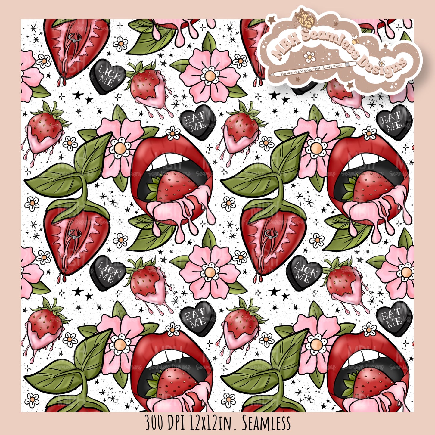 Dirty Tattoo Strawberries Seamless Pattern // PNG // ASSORTED COLORWAYS Seamless Pattern (Copy)
