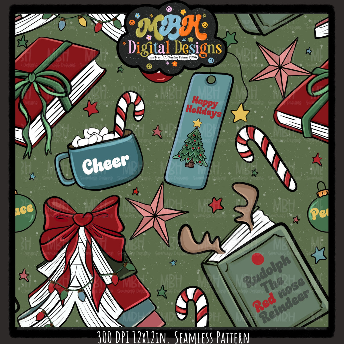 Moody Bookish Christmas Seamless Pattern // MULTIPLE COLORWAYS
