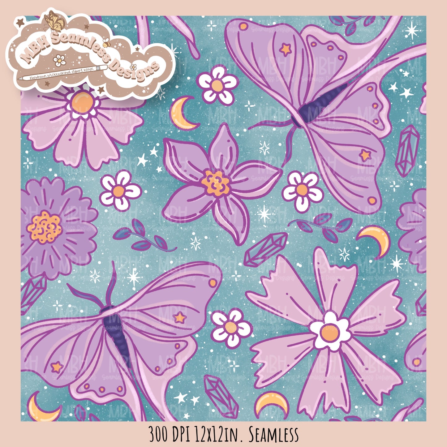 Starry Night Floral Luna Moths Seamless Pattern // PNG//  MULTIPLE COLORWAYS