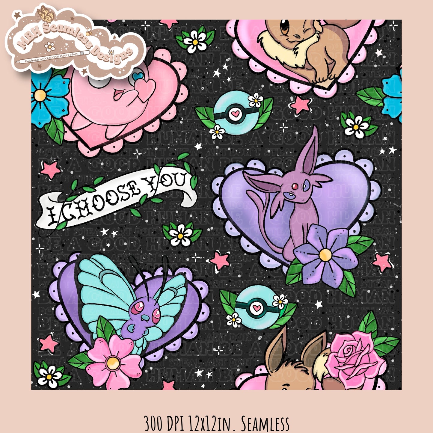 Pokémon Tattoo Hearts Seamless Pattern Multiple Colorways