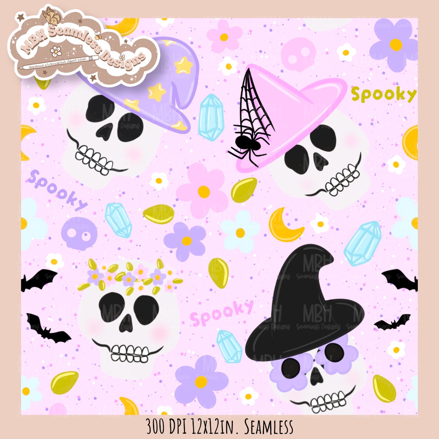 Boho Spooky Skulls Seamless Pattern // PNG // Assorted Colorway Options