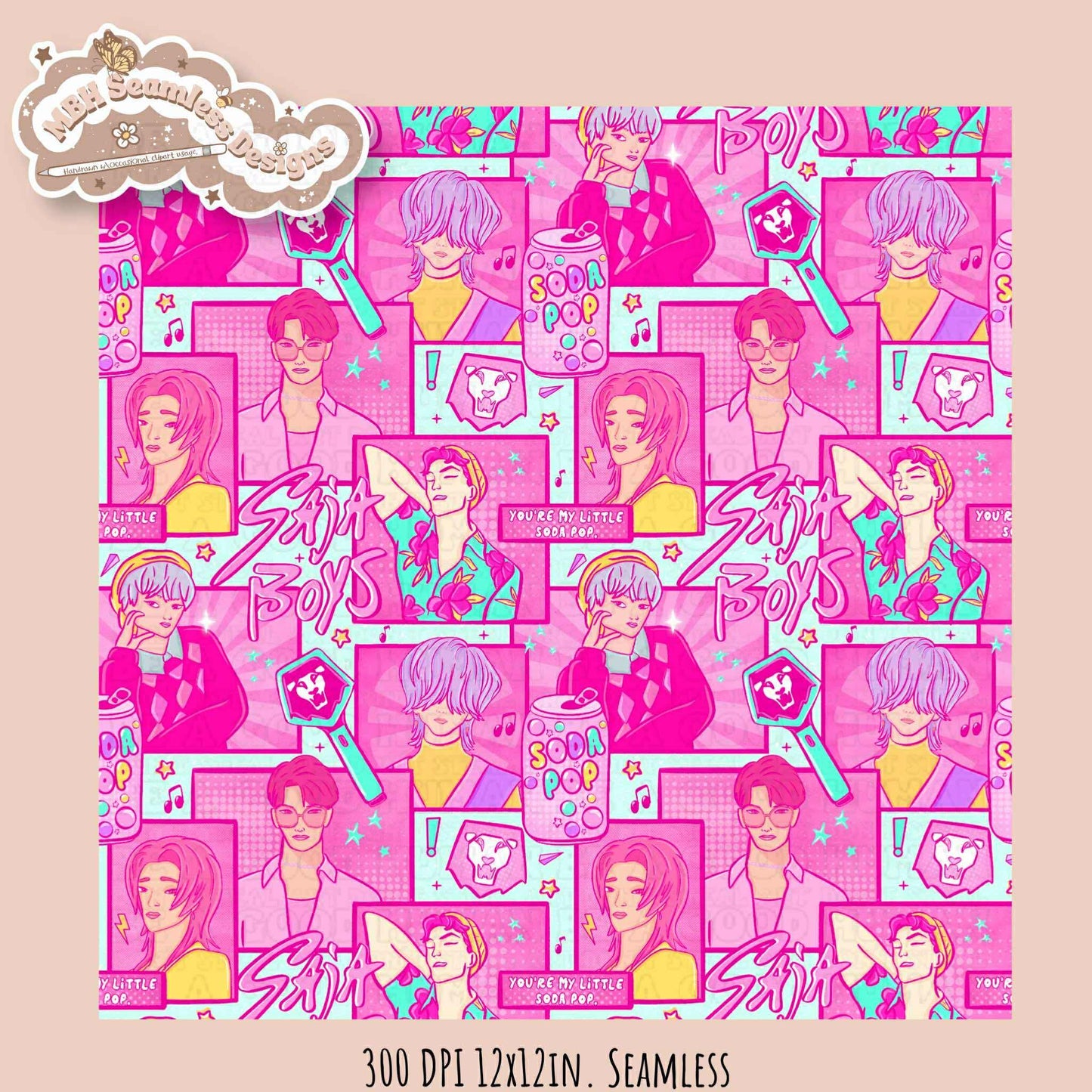 Pink Comic Soda Pop Boys Seamless Pattern // Assorted Colorway Options