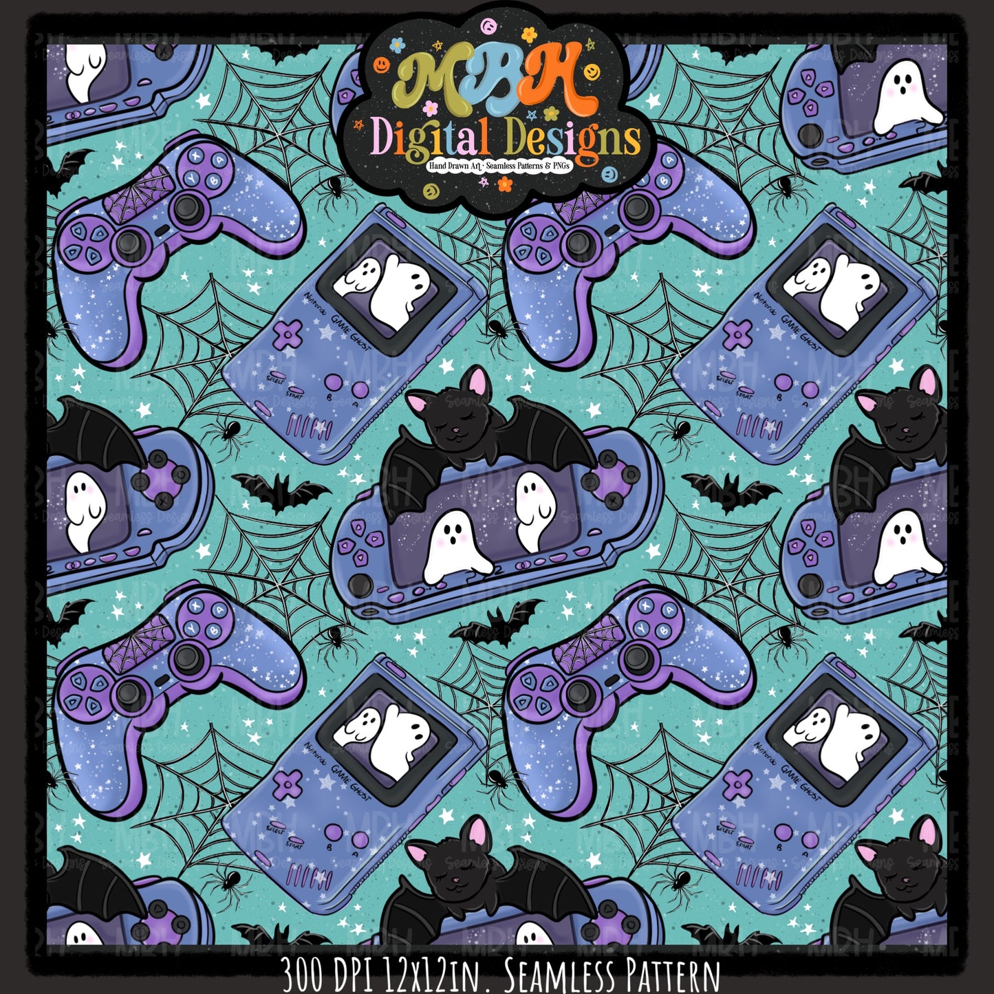 Web Spooky Gamer Seamless Pattern//MULTIPLE COLORWAYS