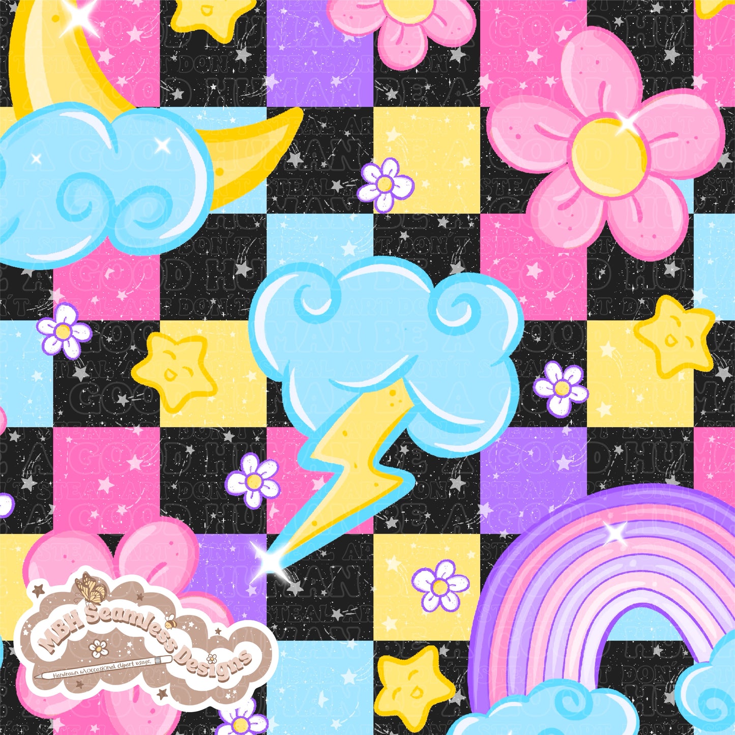 Checkered Starry Floral Rainbow Skies Seamless Pattern MULTIPLE COLORWAYS